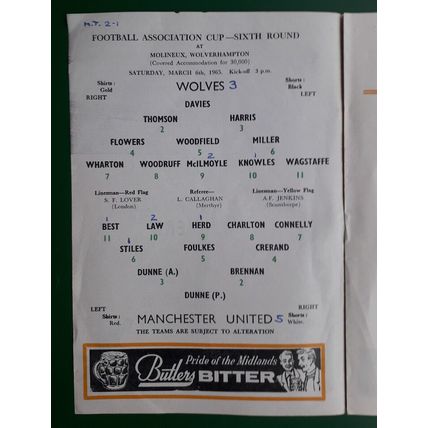 Wolverhampton Wanderers v Manchester United 1964 - 1965 FA Cup R6 football prog