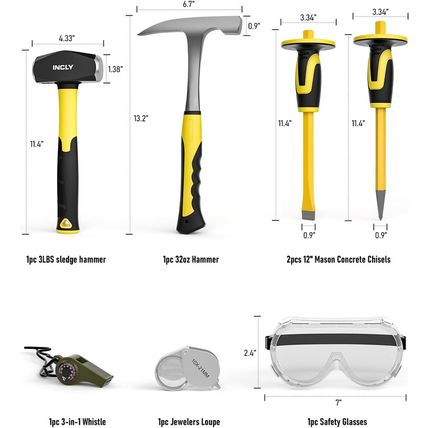 INCLY 7 Pcs Geology Rock Pick Equipment Kit, 3Lb Sledge &32 Oz Rock Hammer with