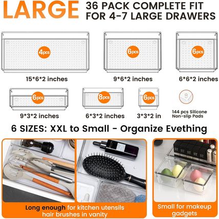 Criusia 36 Pack Large Clear Plastic Drawer Organizer Bins - 6 Size Acrylic Kitch