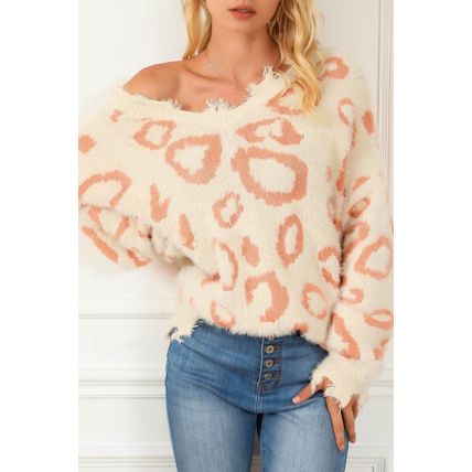 Leopard Animal Print Distressed Trim Fuzzy Sweater