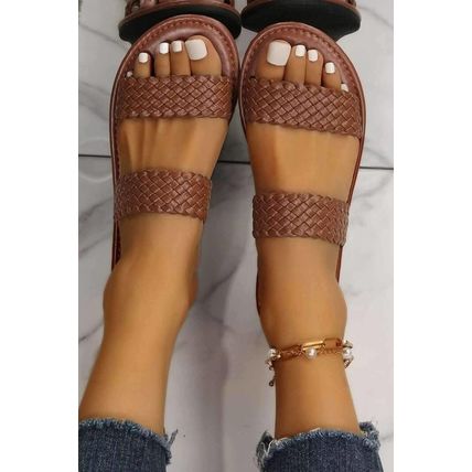 Chestnut Braided Double Band Leathered Flat Slippers