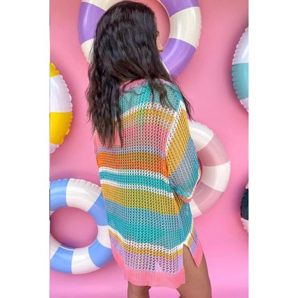 Pink Stripe Plus Size Open Knit Patch Pocket Short Sleeve Sweater