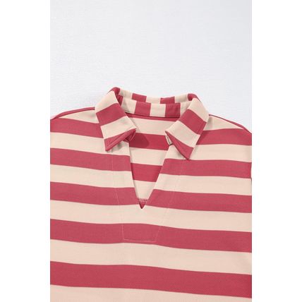 Pink Stripe Collared V Neck Long Sleeve Loose Casual Dress