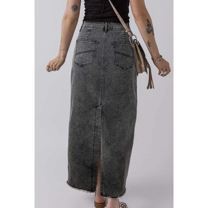 Dark Grey Denim Raw Hem Back Split High Waist Long Skirt