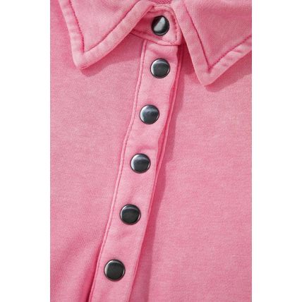 Pink Solid Snap Buttons Collared Balloon Sleeve Oversized Sweatshirt