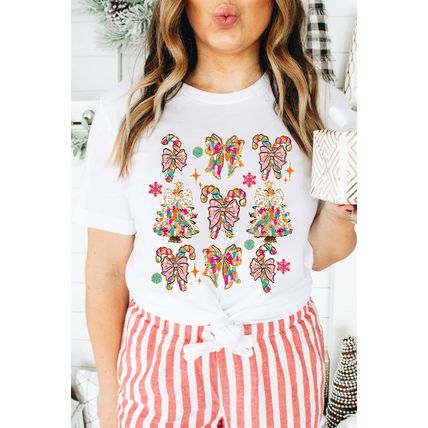 White Christmas Tree Bow Knot Print Round Neck T Shirt