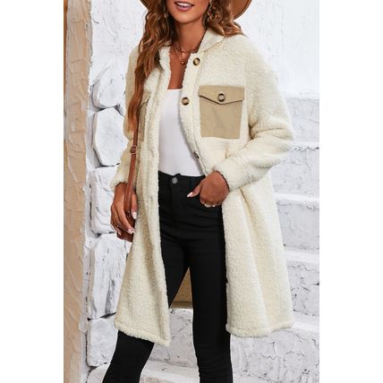 Beige Contrast Flap Pocket Single Breasted Teddy Coat