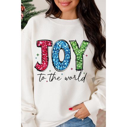 White JOY to the world Ribbed Crewneck Pullover Sweatshirt