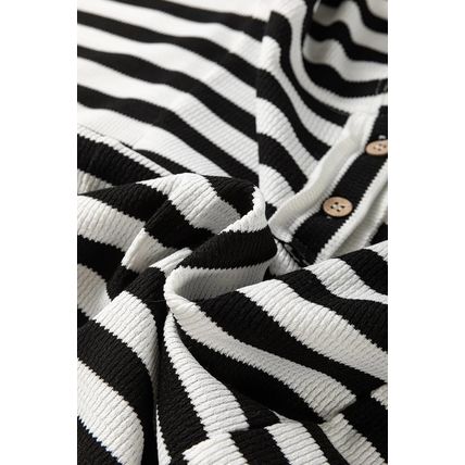 Black white Oversized Striped Henley Buttons Dolman Sleeve Hooded Top