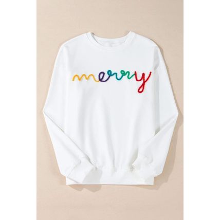 White MERRY Graphic Pullover Sweatshirt