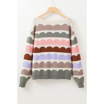 Gray Wave Striped Balloon Sleeve Drop Shoulder Sweater