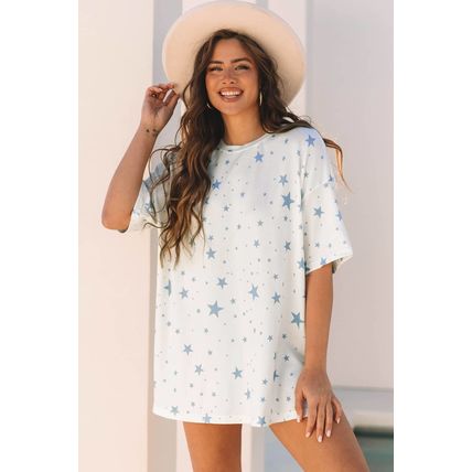 Sky Blue Stars Print Drop Shoulder Oversized T Shirt with Slits