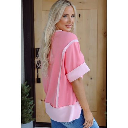 Peach Blossom Half Sleeve Raw Seam High Low Side Split Top