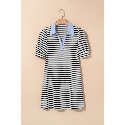 Black Stripe Contrast V Neck Collared Puff Sleeve T Shirt Mini Dress with Pocket