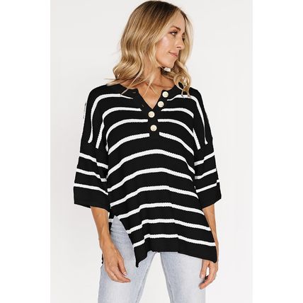 Black Stripe Henley Buttoned Placket Drop Shoulder Bracelet Sleeve Knit Sweater