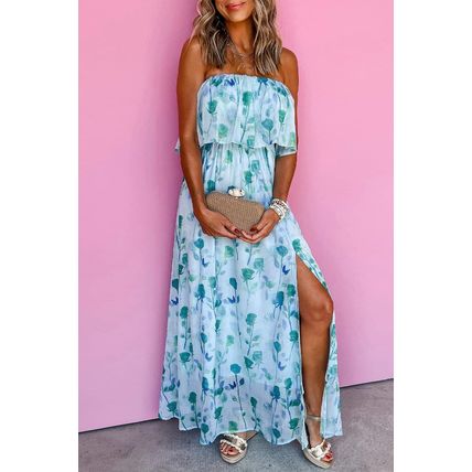 Green Floral Print Ruffled Side Slit Tube Top Maxi Dress