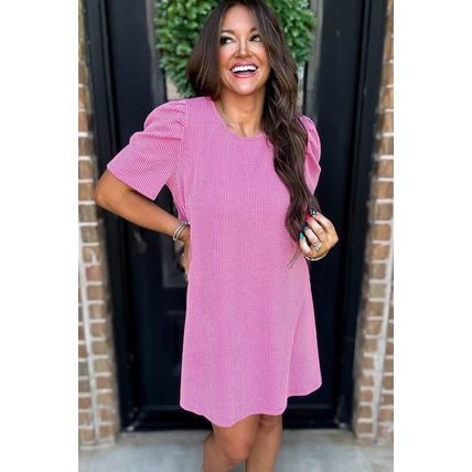 Bright Pink Corded Knit Crew Neck Puff Sleeve Shift Mini Dress