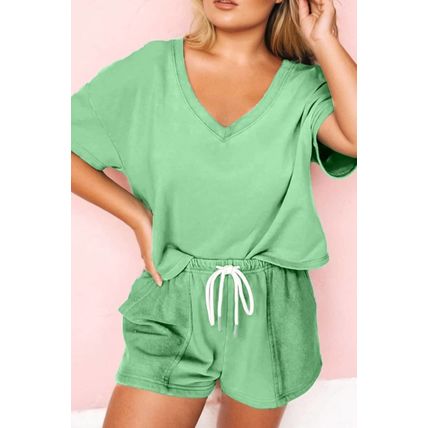 Mint Green Plus Size V Neck Tee Patched Pocket Drawstring Shorts Set