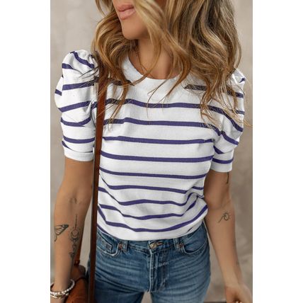 Blue Stripe Ribbed Trim Round Neck Bubble Sleeve Knitted Top