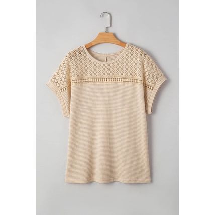 Oatmeal Lace Patchwork Waffle Short Sleeve Plus Size Top