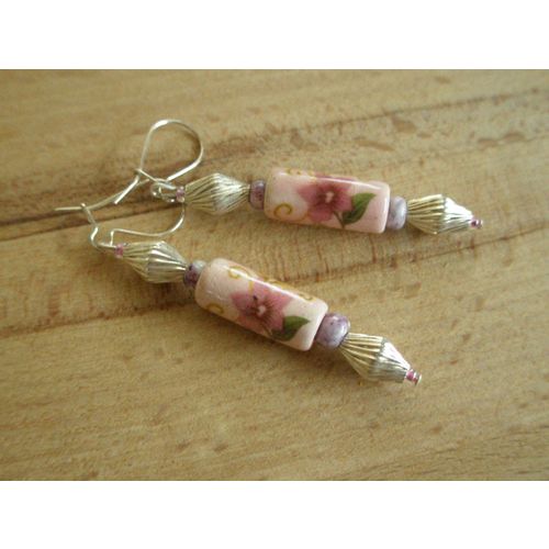 Pink Flower Bead Earrings & Silver Plated Hooks