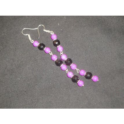 Bright cerise & faceted black crystal glass long swing earrings