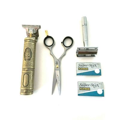 Men's Hair Trimmer T-liner Shaving Rechargeable + Shears Old Fashion Safety ...