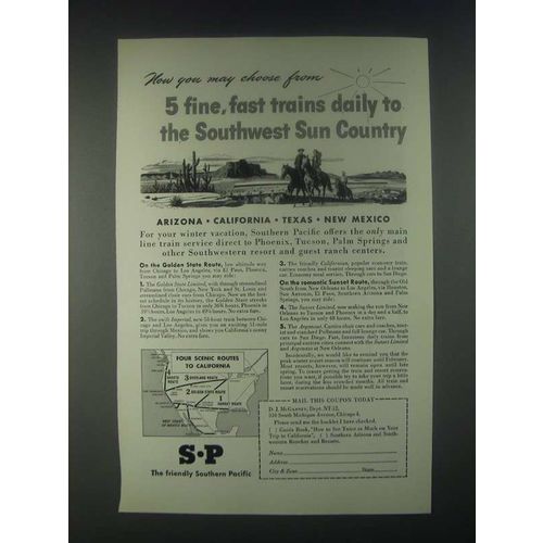 1946 Southern Pacific Railroad Ad - 5 Fine Fast Trains Daily