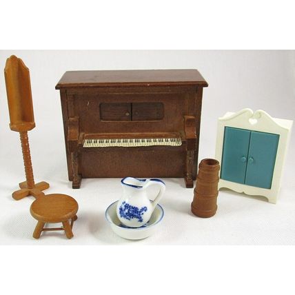 Vintage 7 Pc Dollhouse Miniatures Collection, Music Box Player Piano, Stool, Etc