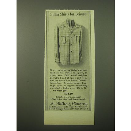 1948 A. Sulka Shirts Advertisement - Sulka Shirts for Leisure