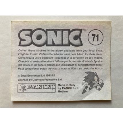 Sonic Sticker # 71 (A) unused, 1994 Panini Hedgehog