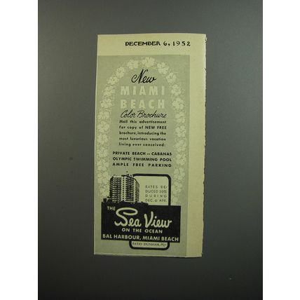 1952 The Sea View On the Ocean Hotel Ad - Miami Beach