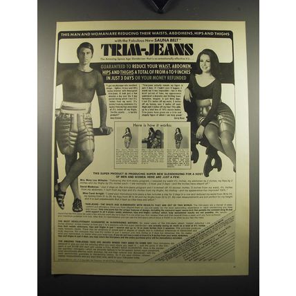 1971 Trim-Jeans Sauna Belt Ad - this man and woman are reducing their waists