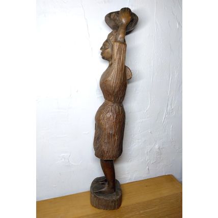 African Sculpture Tribal Woman Water Pot on Head Wood Carving - Abstract Art 19"