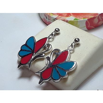 Estate 2Sided Butterfly w/Red &Blue Enamel Sterling Silver Dangle Earrings#19370