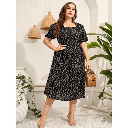 sleeve square neck slim fit dress Plus size women's printed short