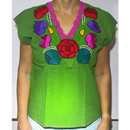 Multicolor Roses Bouquet Embroidered Cotton Canvas Green Blouse Chiapas Mexico