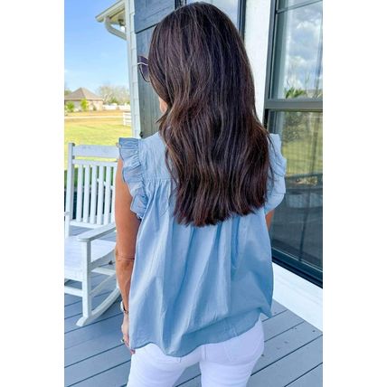 Sky Blue Ric Rac Trim Frilly Sleeveless Shirt
