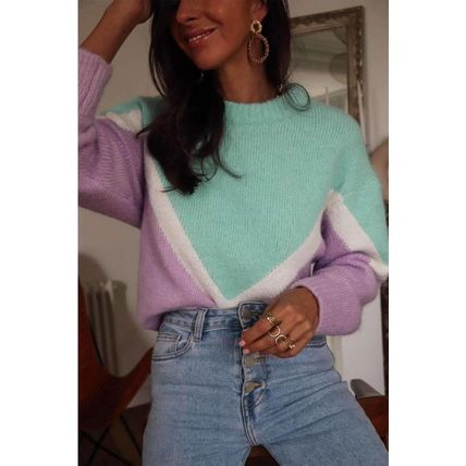 Green Chevron Colorblock Ribbed Knit Drop Shoulder Sweater
