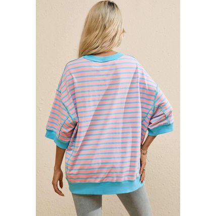 Pink Stripe Sequin Western Cactus Boots Graphic Half Sleeve T Shirt