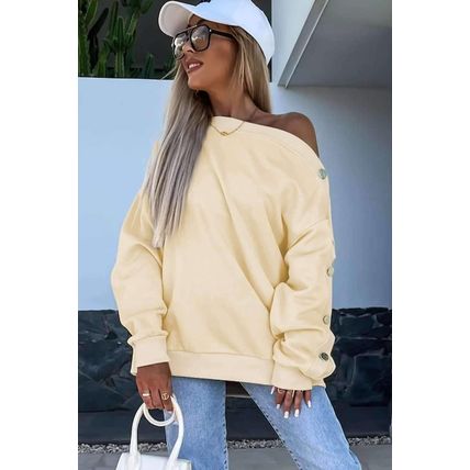Beige Buttoned Sleeve Dropped Shoulder Sweatshirt