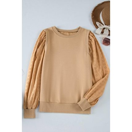 Pale Khaki Solid Patchwork Sleeve Round Neck Sweatshirt