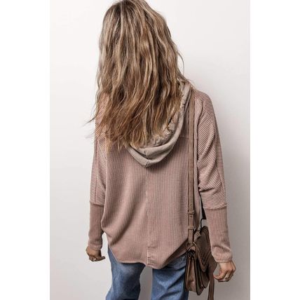 Dark Brown Flap Pocket Patchwork Corded Drawstring Hoodie