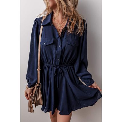 Navy Blue Solid Chest Pockets Tunic Shirt Mini Dress