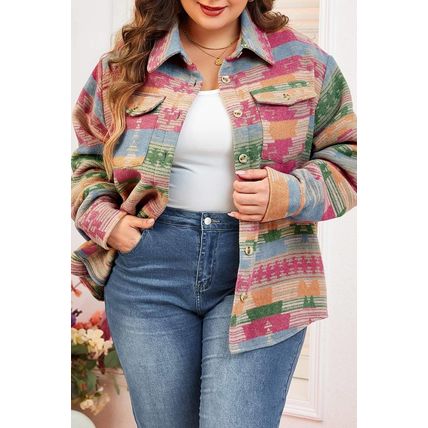 Pink Plus Size Aztec Printed Flap Pocket Shacket