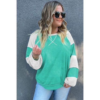 Aruba Blue Colorblock Patchwork Cross Seam Plus Sweatshirt