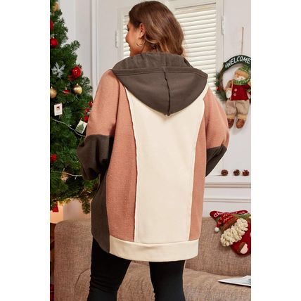 Brown Exposed Seam Colorblock Plus Size Hoodie
