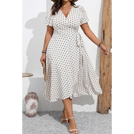 Khaki Polka Dot Surplice V Neck Tied Waist Flutter Sleeve Flowy Plus Size Midi D