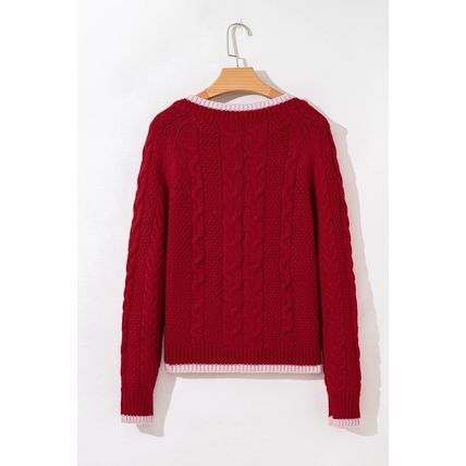Racing Red Color Contrast Edge Cable Knit Buttoned Cardigan