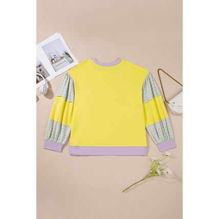 Yellow Striped Color Block Patchwork Crewneck Plus Size Pullover Sweatshirt